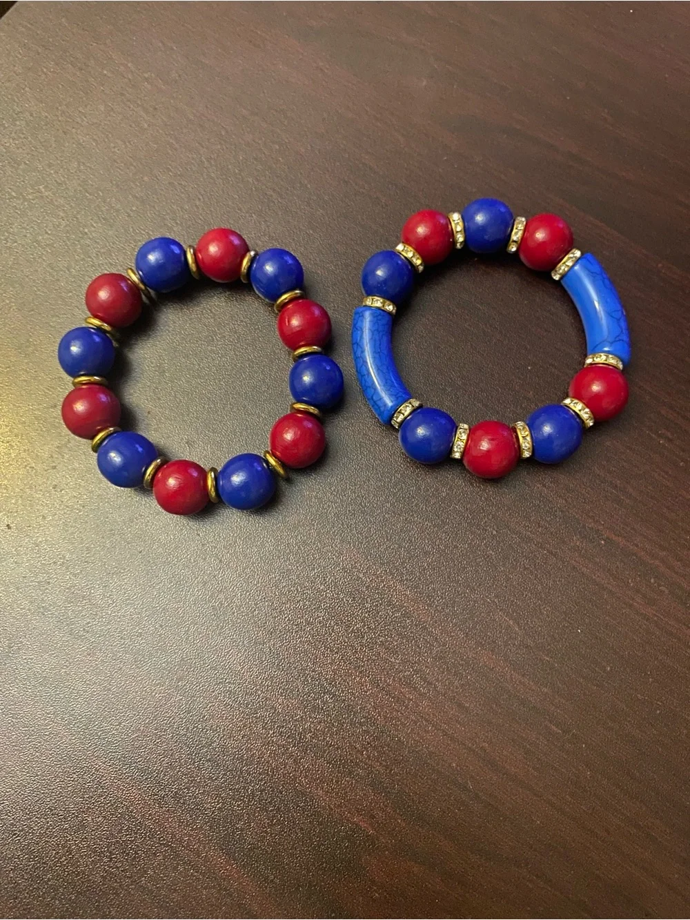 Red & Blue Beaded Stretch Bracelet Set with Gold Accents